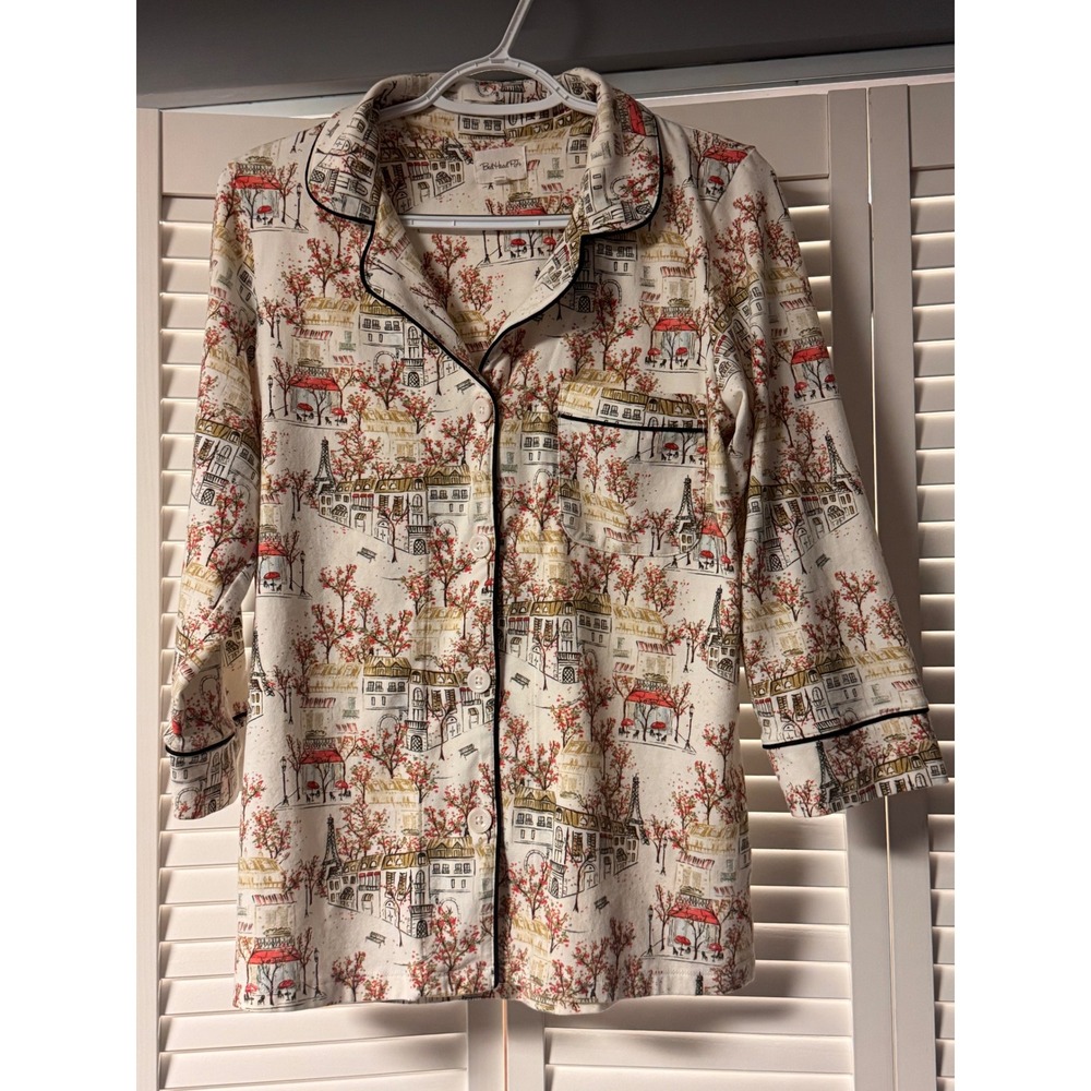 BedHead PJs Paris Print Organic Cotton Button Down Pajama Top Cream Small Cozy